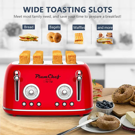 4 Slice Retro Style Toaster, Dual Control Toaster With Warming Rack, 6 Browning Settings, Bagel/Defrost Functions, Removable Crumb Tray, Stainless Steel Housing 1650W, Red