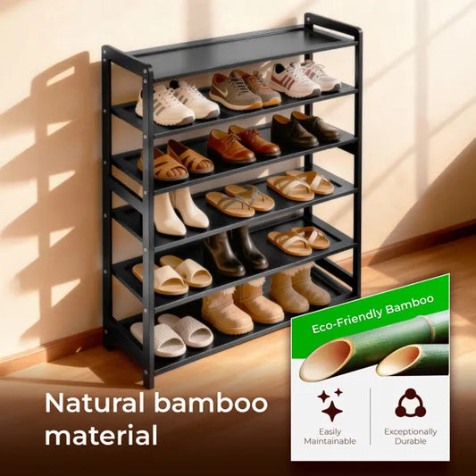 6-layer Flat Bamboo Shoe Rack, 68*25*89cm, Black