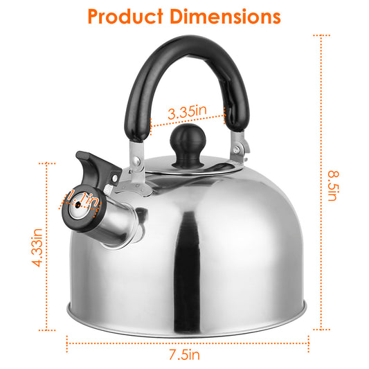 1Pc 2.1Quarts Stainless Steel Whistling Tea Kettle Stovetop Induction Gas Teapot With Insulated Handle Camping Kitchen Office