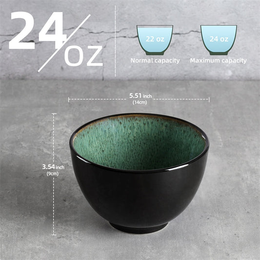 Creative Western Food Kiln Change Peacock Green Bowl 24oz Bowl Set Of 4 For Cereal, Salad, Pasta, Soup, Dessert, Serving Dishwasher, Microwave And Oven