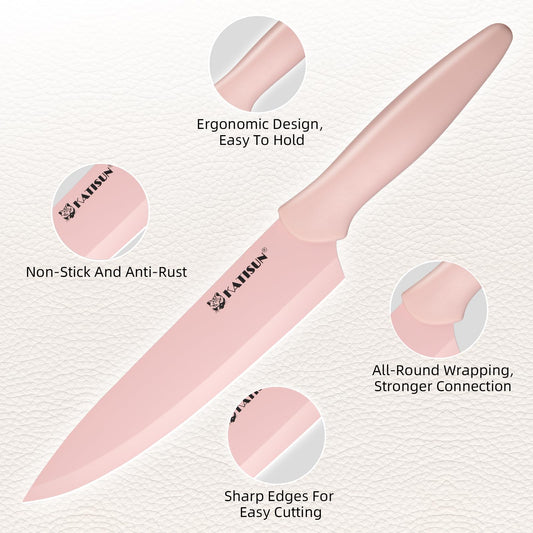 Kitchen Knife Set With Block, 14 Piece Pink Non-Stick Paint Coating Stainless Steel Knives Set, Anti-Rust And Dishwasher Safe, 12 Knives With Kitchen Shears And Block Pink