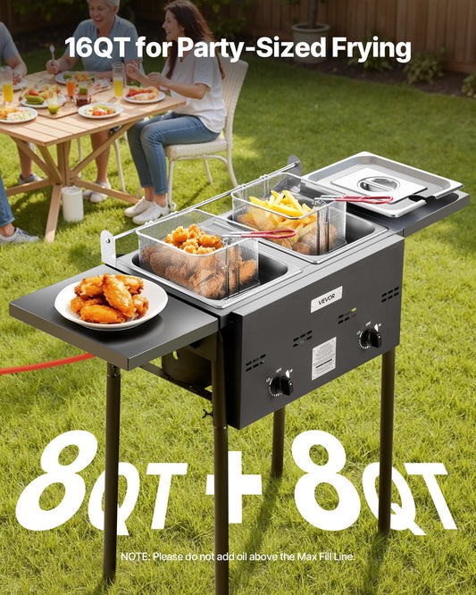 Outdoor Propane Deep Fryer, Dual-Tank 8QTx2 Commercial Fryer, Stainless Steel Cooker With Foldable Platform, Dual Basket, And Heat Adjustment, Floor Standing Fryers For Restaurant Home Snack Bar
