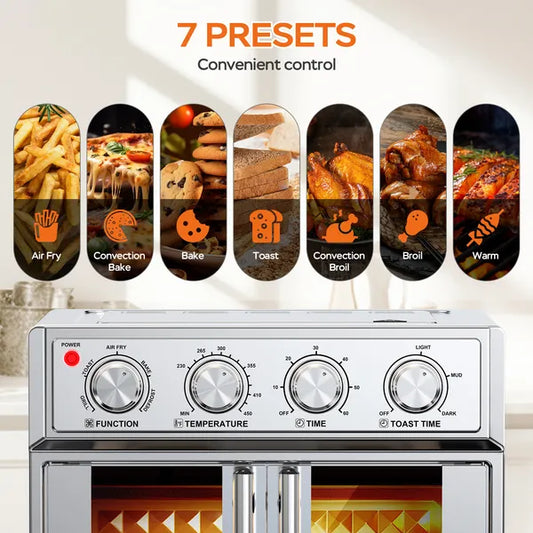 PlumChef 29.5 QT French Door Air Fryer Convection Toaster Oven, Extra Large 6 Slices, 1700W, Multifunction Oven For Air Fryer, Toast, Grill, Defrost, Bake, Time And Temperature Controls, Silver