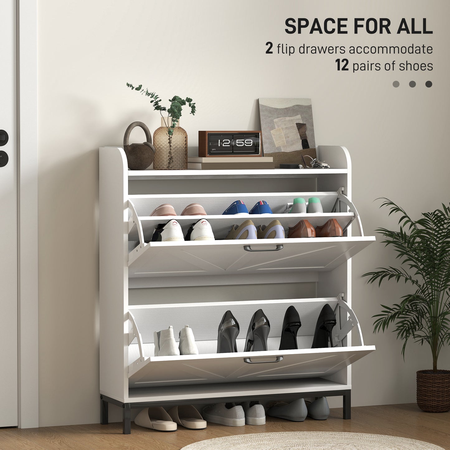 Shoe Cabinet Organizer with 2 Flip Drawers, Legs, Narrow Shoe Storage Cabinet for Entryway, Hallway, White