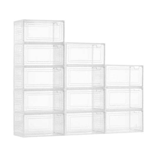 Shoe Storage Boxes, 12 Pack Clear Stackable Shoe Boxes Storage Organizers With Magnetic Door, Fit Up To US Size 13, Plastic Sneaker Containers For High Heels, Boots, And Hats, Transparent White