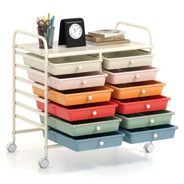 12-Drawer Rolling Storage Cart - 2-Row 10-Storey, Multicolor Drawers, 4 Wheels (2 Brake), White Frame-Macaron
