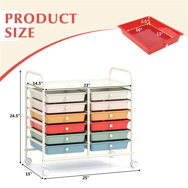 12-Drawer Rolling Storage Cart - 2-Row 10-Storey, Multicolor Drawers, 4 Wheels (2 Brake), White Frame-Macaron