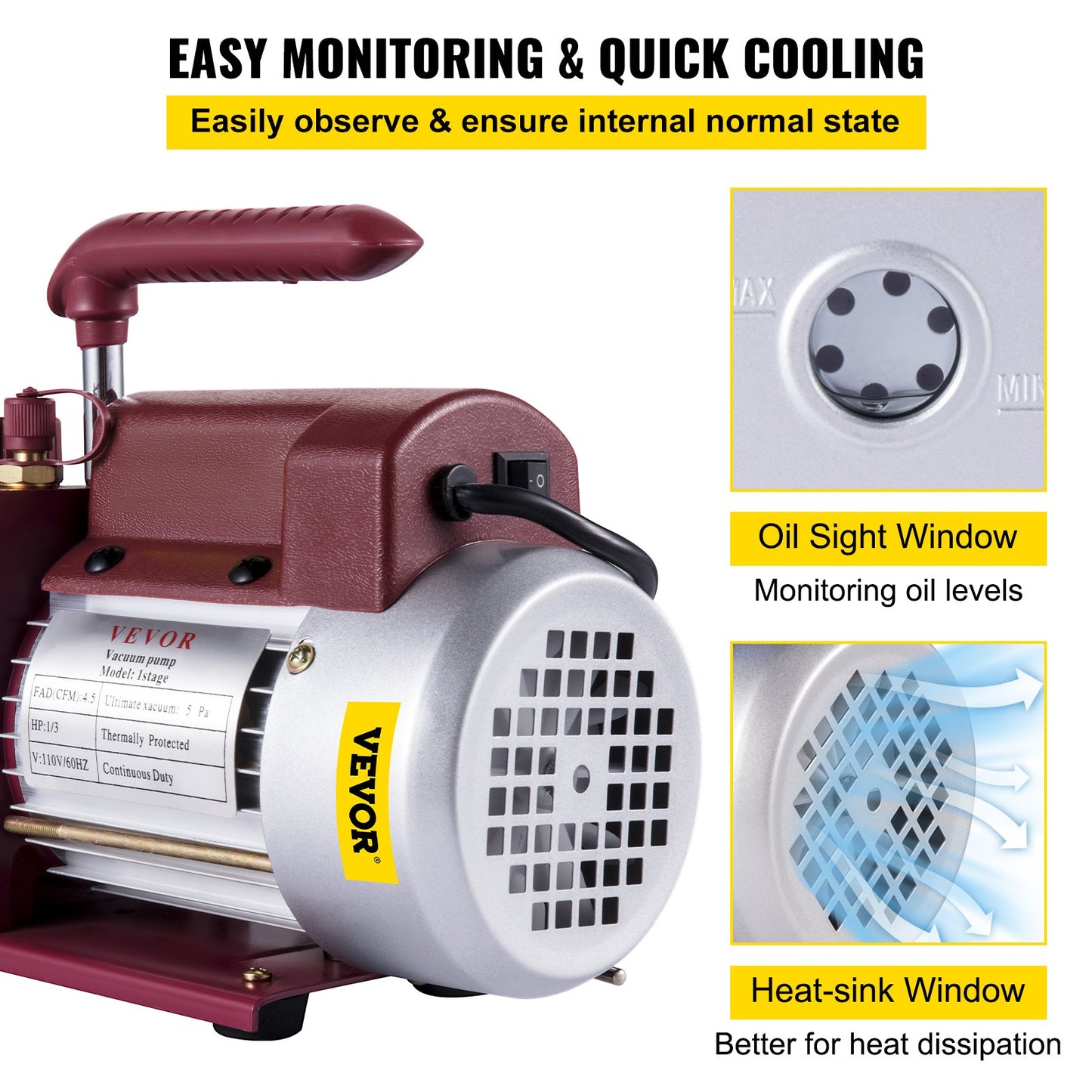 Vacuum Pump 4.5CFM Vacuum Pump HVAC Single-Stage Rotary Vane Vacuum Pump 1/3HP 5PA Ultimate Air Conditioning Refrigerant Vacuum Pump