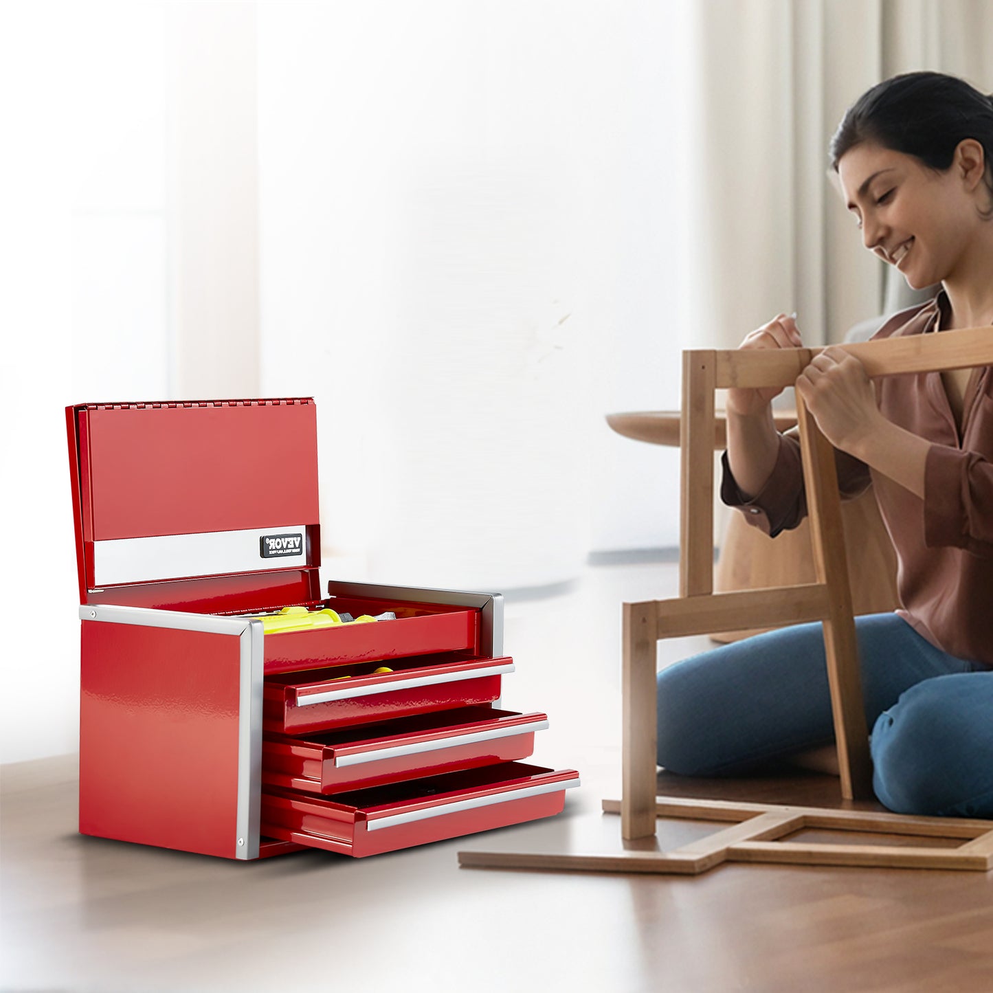 Tool Box 8.6-inch Portable Metal Tool Box 3 Drawers Tool Organizer Red