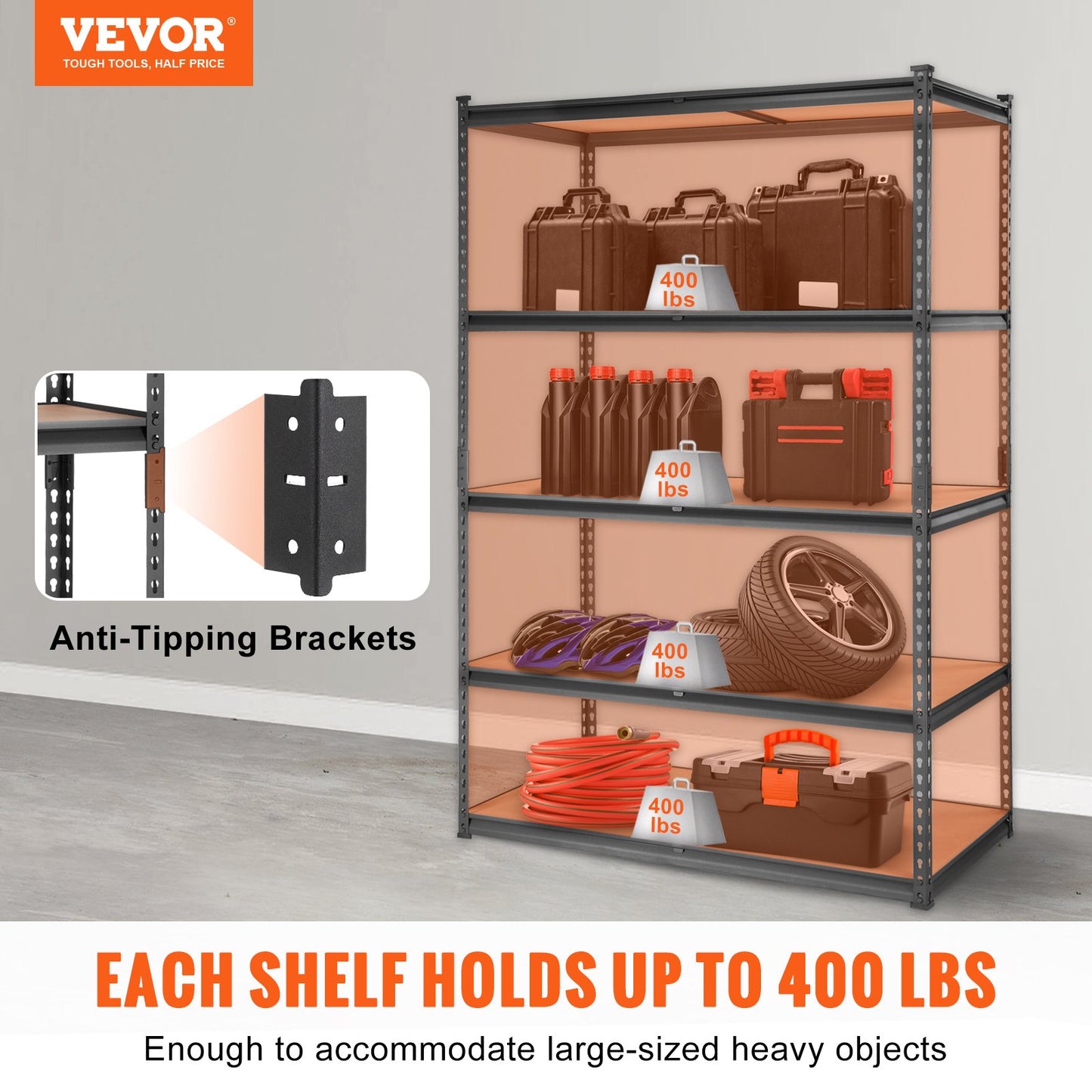 VEVOR Storage Shelving Unit, 5-Tier Adjustable, 2000 Lbs Capacity, Heavy Duty Garage Shelves Metal Organizer Utility Rack, Black, For Kitchen Pantry Basement Bathroom Laundry