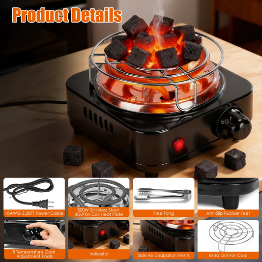 1Pc Electric Charcoal Burner 500W Hookah Charcoal Burner Compact Coal Burner For Hooka Cubes Shisha With Grill And Tongs 5 Temperature Gears Thermostat Control