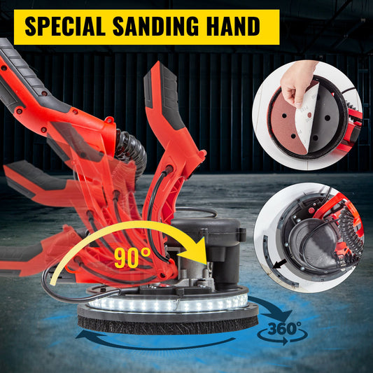 VEVOR Drywall Sander 850W, Electric Drywall Sander, Variable Speed 800-1750 RPM, Foldable Sheetrock Sander, With Telescope Handle, Electric Sander, With LED Strip Light And Vacuum Bag, Wall Sander