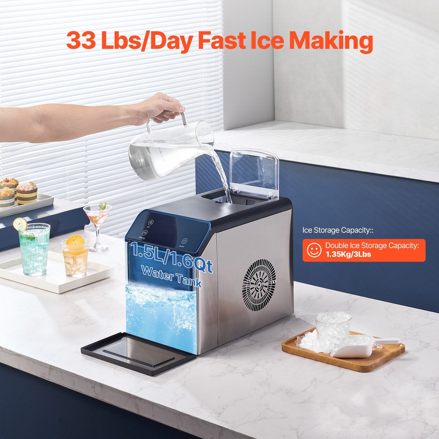 Nugget Ice Maker, 33lbs/24H Pebble Ice Maker With Self Cleaning, Chewable Ice Maker With Ice Scoop & Drip Tray, Stainless Steel Ice Machine With Convenient Ice Transfer For Home Kitchen Office