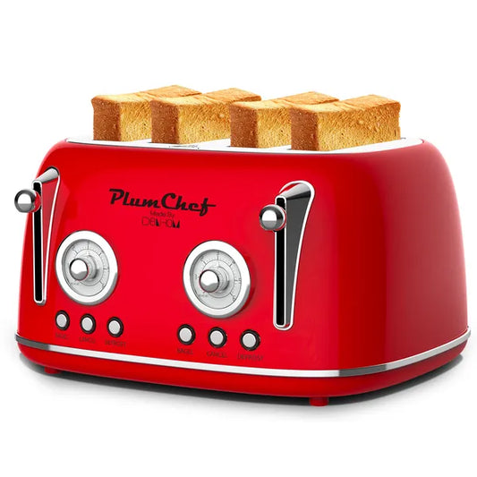 4 Slice Retro Style Toaster, Dual Control Toaster With Warming Rack, 6 Browning Settings, Bagel/Defrost Functions, Removable Crumb Tray, Stainless Steel Housing 1650W, Red
