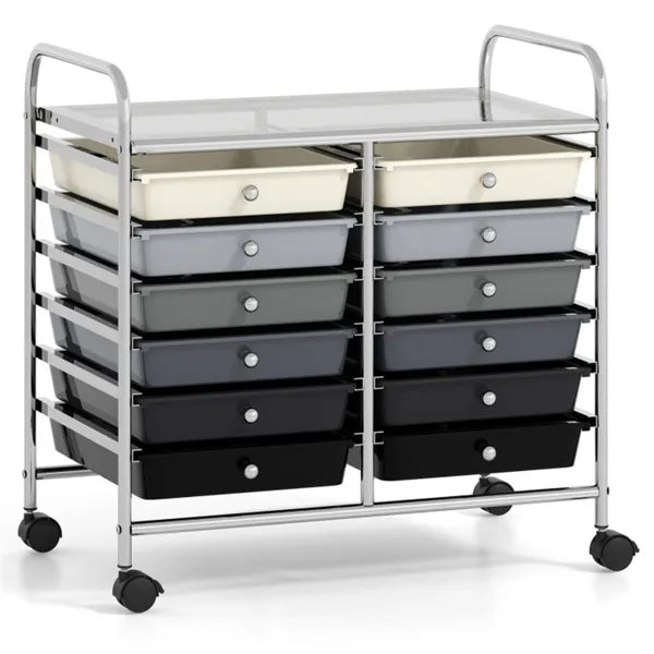 12-Drawer Rolling Storage Cart - 2-Row 10-Storey, Multicolor Drawers, 4 Wheels (2 Brake), -Gray