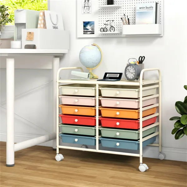12-Drawer Rolling Storage Cart - 2-Row 10-Storey, Multicolor Drawers, 4 Wheels (2 Brake), White Frame-Macaron