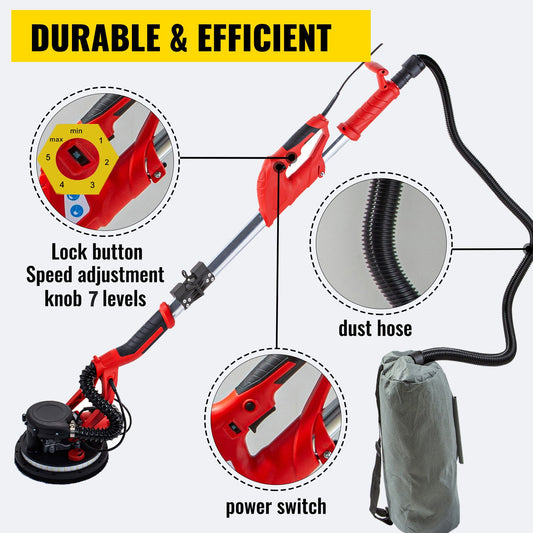 VEVOR Drywall Sander 850W, Electric Drywall Sander, Variable Speed 800-1750 RPM, Foldable Sheetrock Sander, With Telescope Handle, Electric Sander, With LED Strip Light And Vacuum Bag, Wall Sander