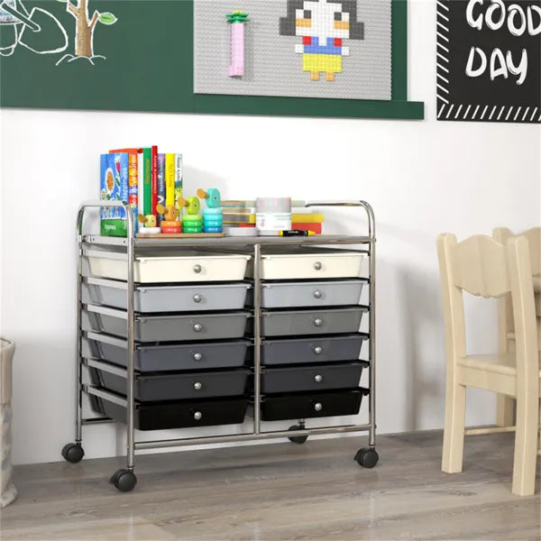12-Drawer Rolling Storage Cart - 2-Row 10-Storey, Multicolor Drawers, 4 Wheels (2 Brake), -Gray