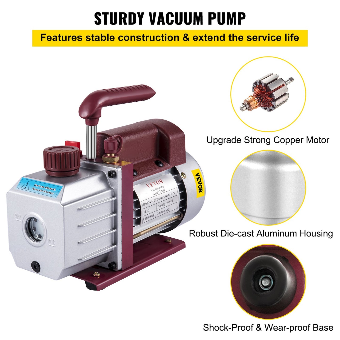 Vacuum Pump 4.5CFM Vacuum Pump HVAC Single-Stage Rotary Vane Vacuum Pump 1/3HP 5PA Ultimate Air Conditioning Refrigerant Vacuum Pump