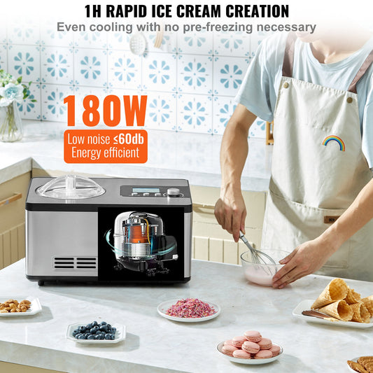 Automatic Ice Cream Maker With Built-in Compressor, 2 Quart No Pre-freezing Fruit Yogurt Machine, Stainless Steel Electric Sorbet Maker, 3 Modes Gelato Maker With LCD Display & Timer, Silver