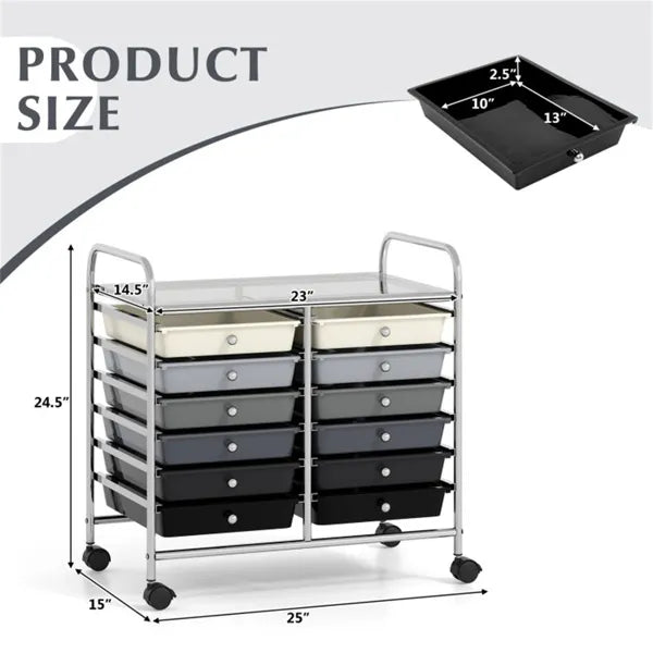 12-Drawer Rolling Storage Cart - 2-Row 10-Storey, Multicolor Drawers, 4 Wheels (2 Brake), -Gray