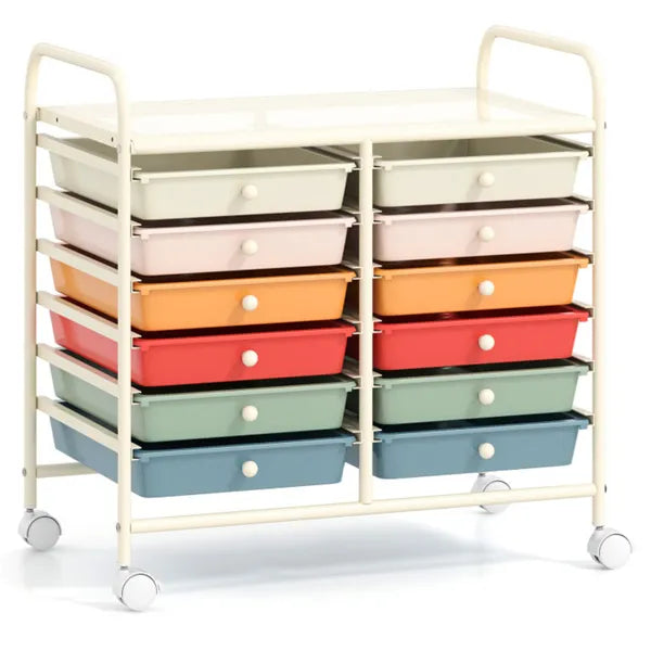 12-Drawer Rolling Storage Cart - 2-Row 10-Storey, Multicolor Drawers, 4 Wheels (2 Brake), White Frame-Macaron