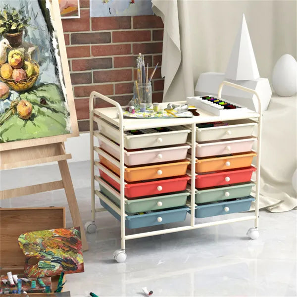 12-Drawer Rolling Storage Cart - 2-Row 10-Storey, Multicolor Drawers, 4 Wheels (2 Brake), White Frame-Macaron