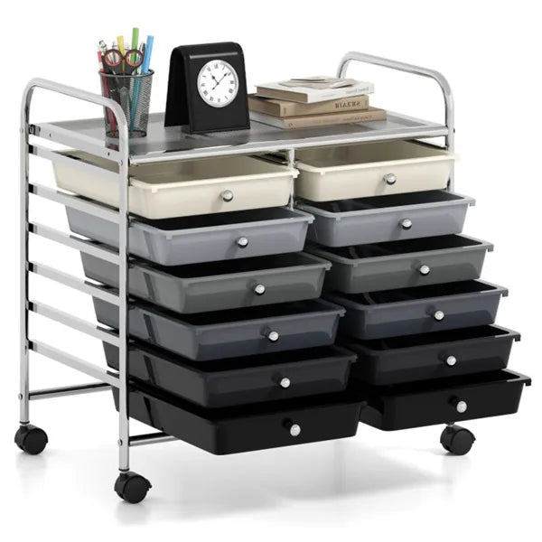 12-Drawer Rolling Storage Cart - 2-Row 10-Storey, Multicolor Drawers, 4 Wheels (2 Brake), -Gray